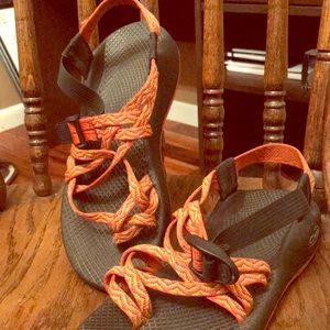 Orange Chacos w Purple & Yellow Strips